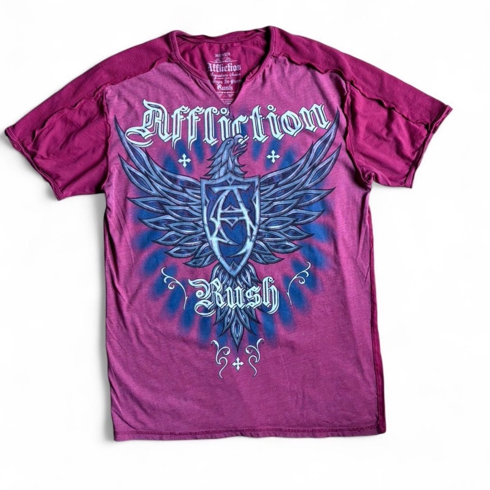 Vintage Affliction St-Pierre Rush V-Neck Y2K Skater T-Shirt Faded Red Mens Med
